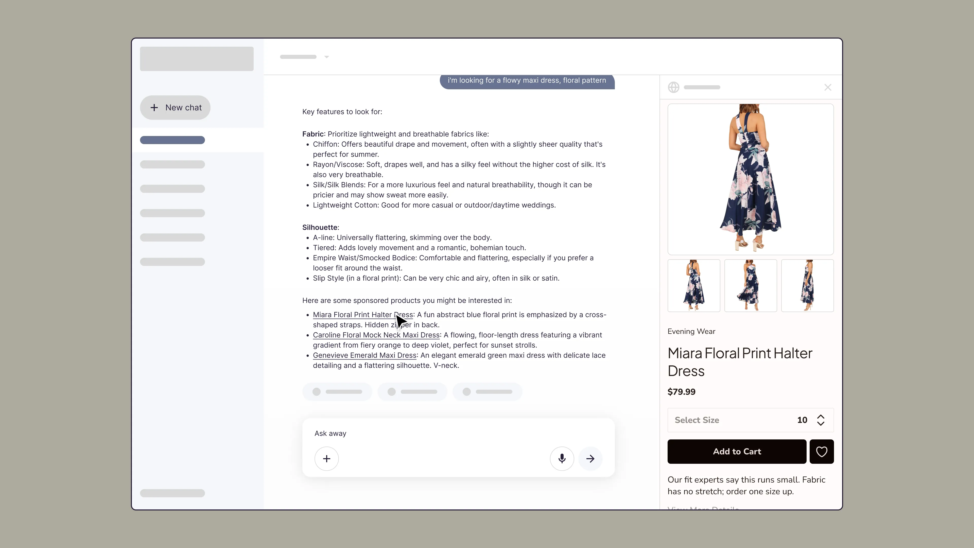 Wireframe of a sponsored dress product opening a side panel with size, color, and material details without leaving the chat.