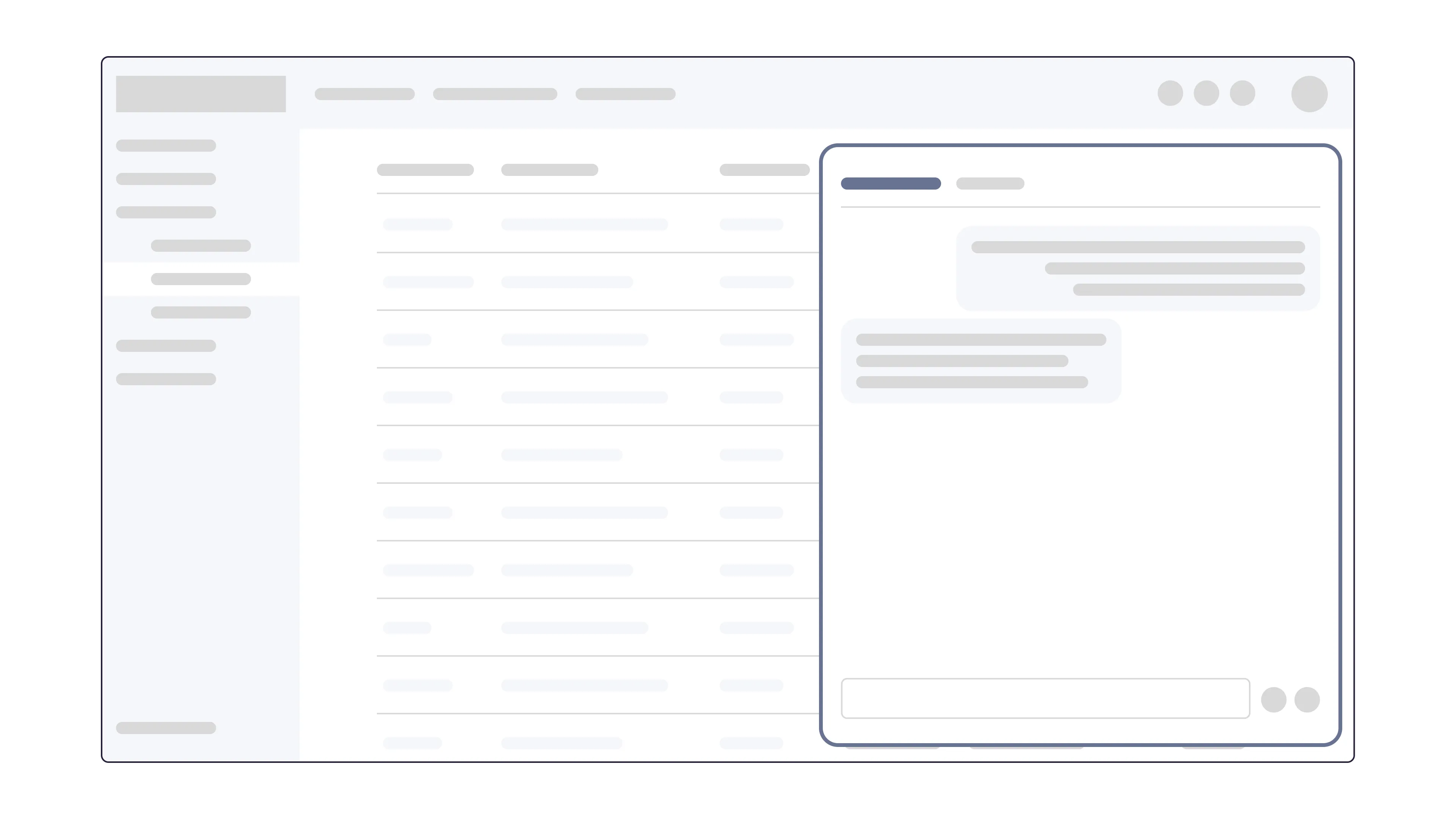 Wireframe showing a persistent sidebar where the user can toggle into a declarative prompt at any point.