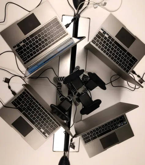 A close-up framing where remote participants appear life-size to those in the room.