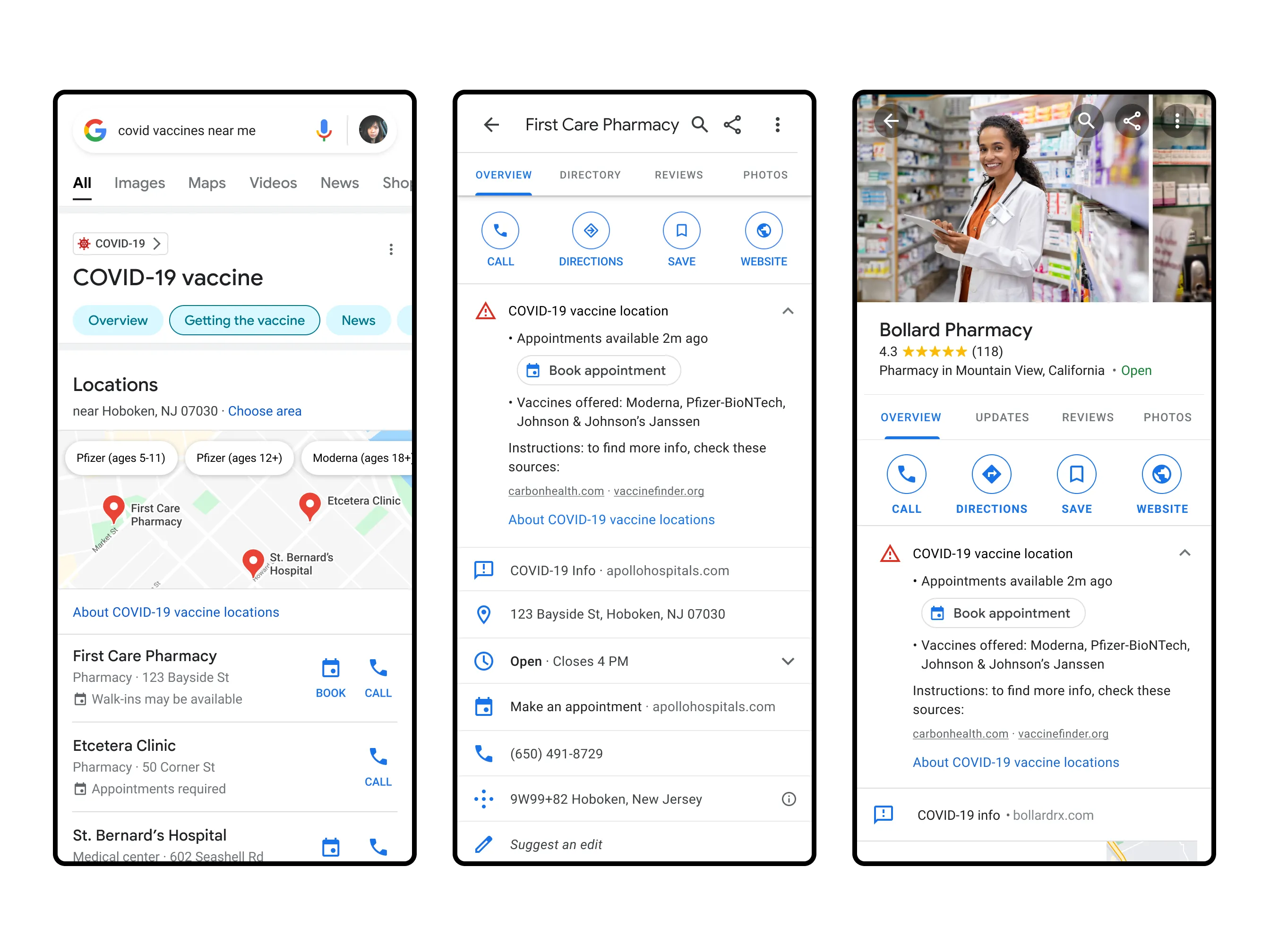 A Google Search results page for COVID-19 vaccines, with a panel of nearby vaccination sites and a list of available appointment times.