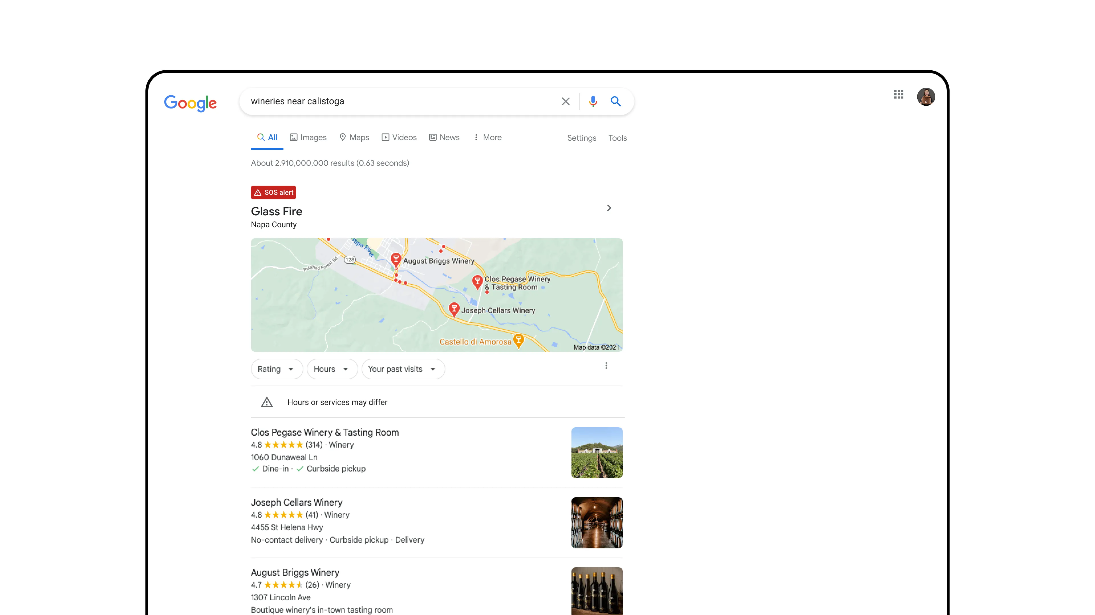 A Google Search place result with a prominent crisis-alert banner above the business listing, warning users about an active event in the area.