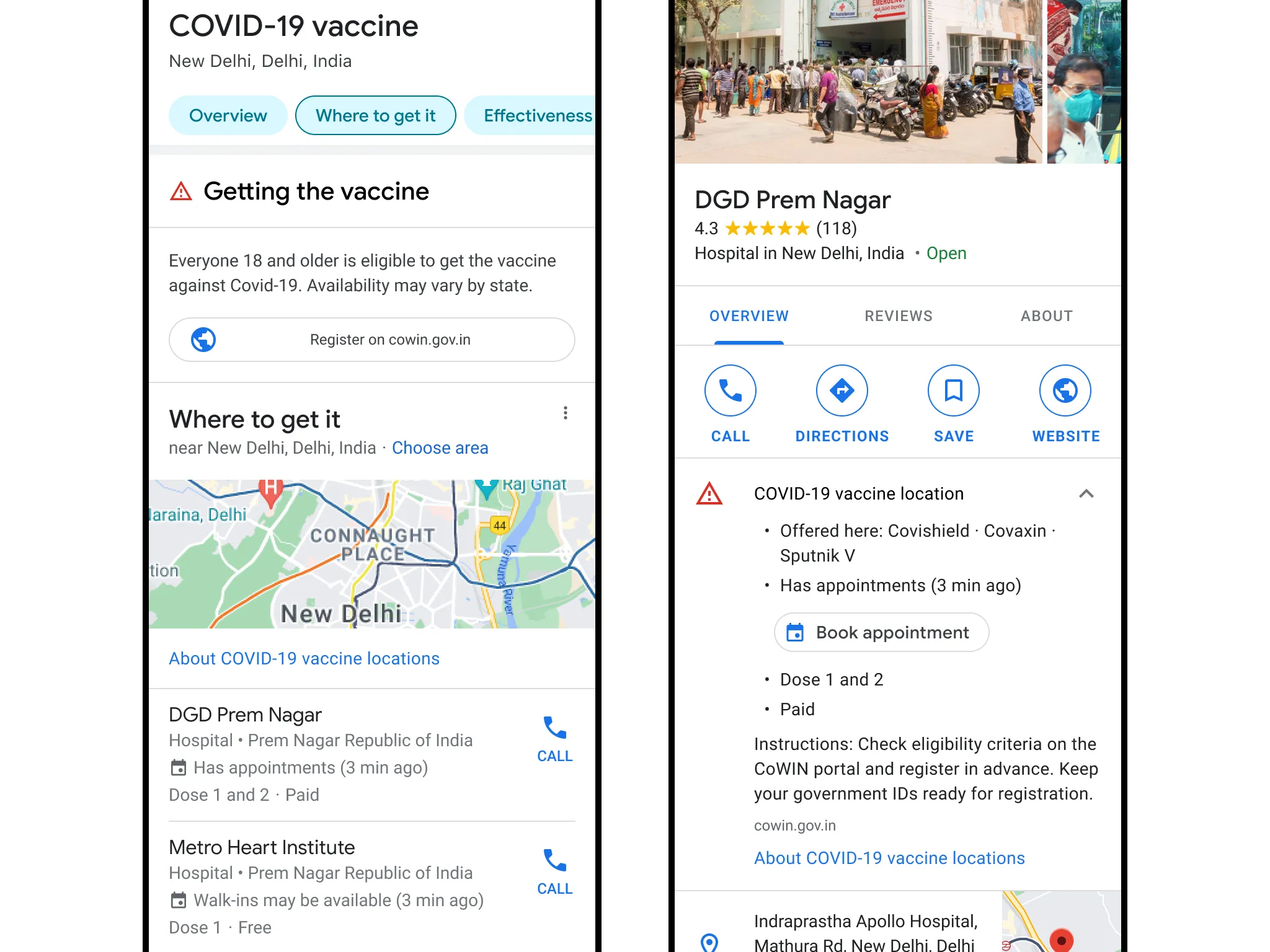 A Google Search vaccine result for an Indian city, showing dose-specific availability and free-vs-paid eligibility tags.