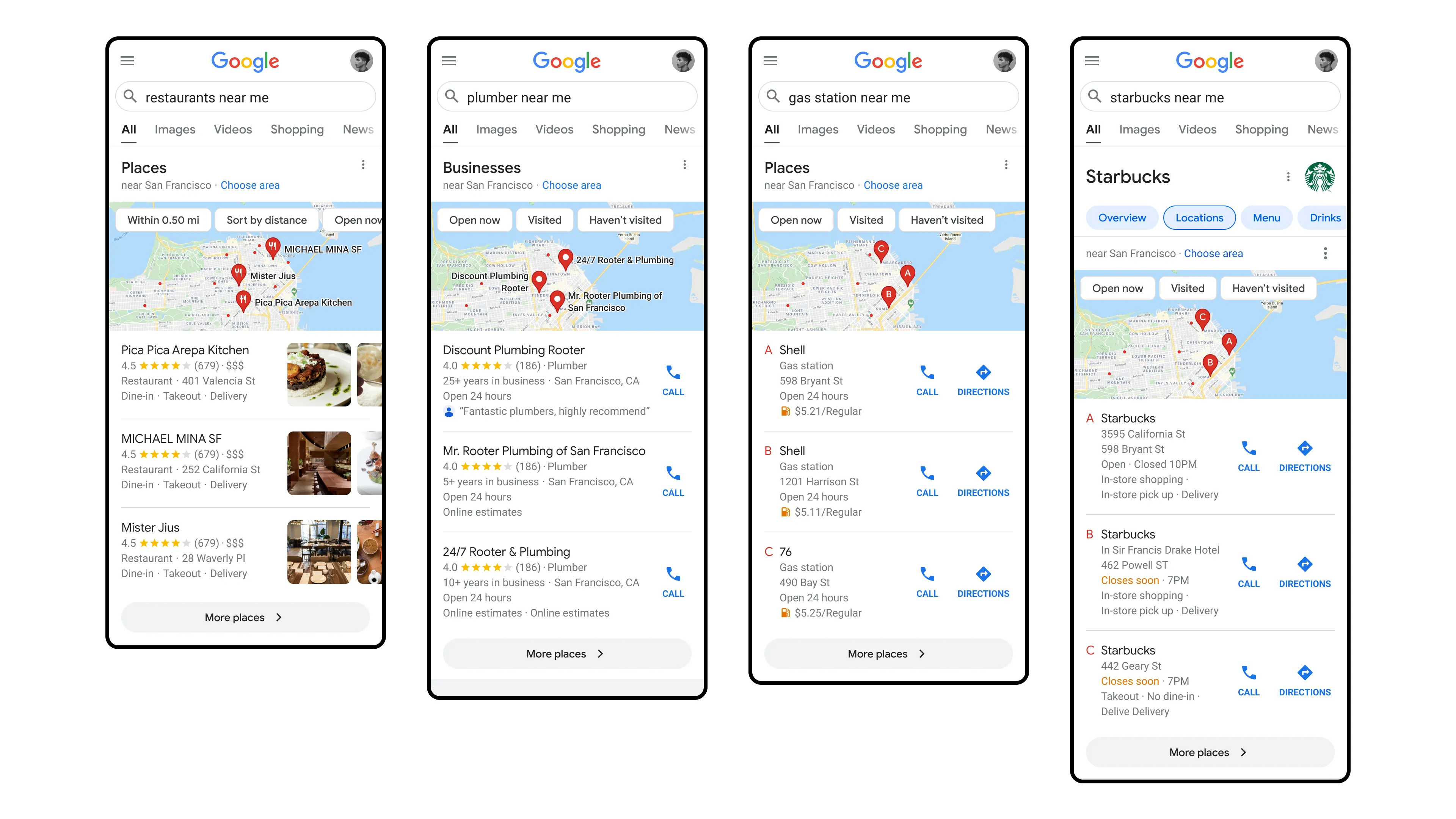 A montage of Google Search results for local queries — restaurants, businesses, and points of interest — across mobile screens.
