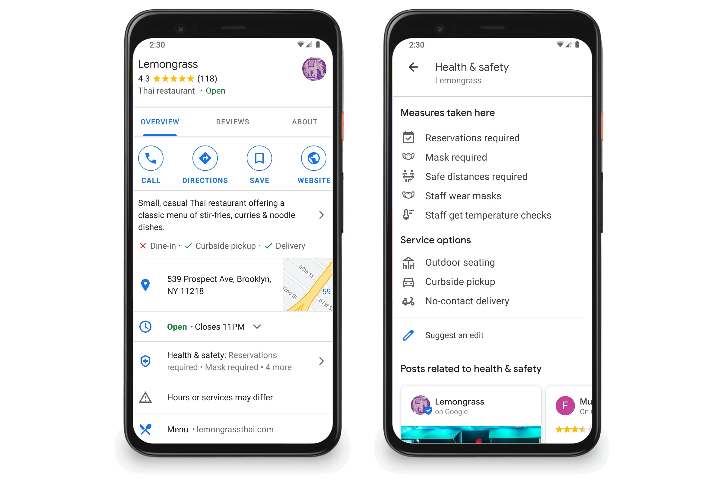 A mobile place result showing COVID-era safety attributes like mask requirements and distancing on a restaurant listing.