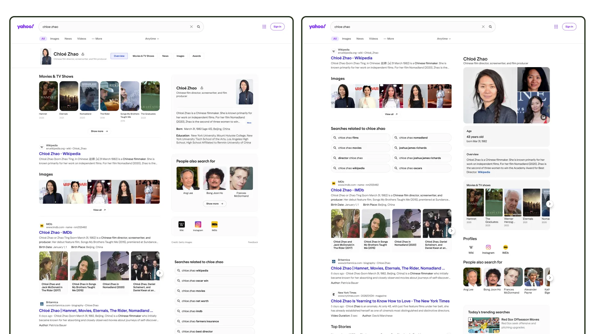 Side-by-side Yahoo Search desktop result pages with key data points highlighted in each.