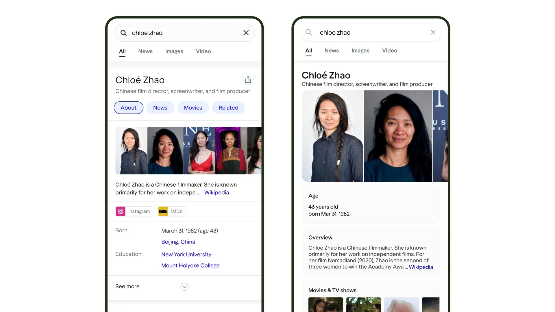 Side-by-side Yahoo Search mobile screens: the dense legacy layout on the left, the spacious modernized layout on the right.