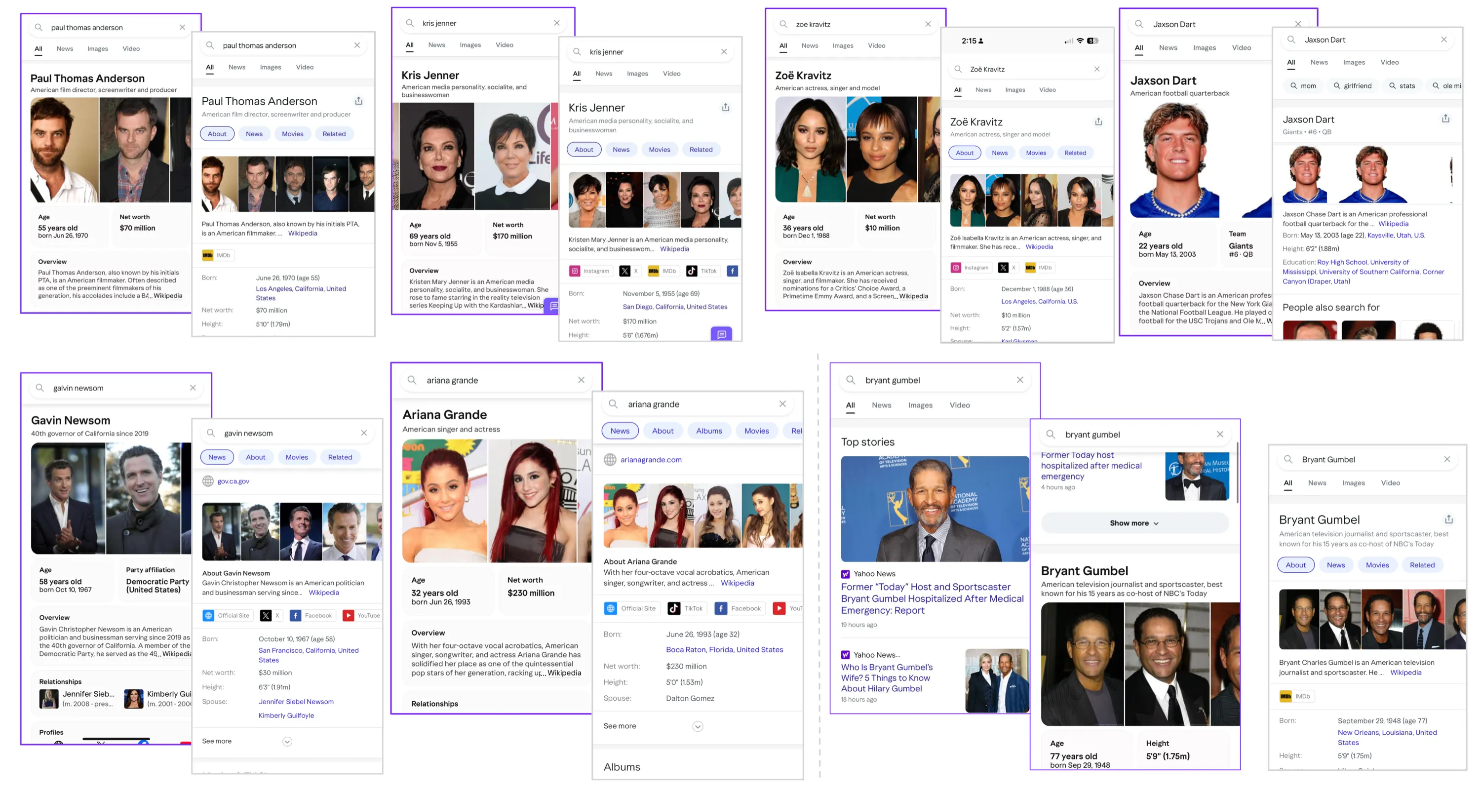 A mosaic of redesigned person knowledge panels for many query types — Paul Thomas Anderson, Kris Jenner, Zoë Kravitz, Jaxson Dart, Gavin Newsom, Ariana Grande, and Bryant Gumbel — each pairing the legacy layout with the new modular panel.