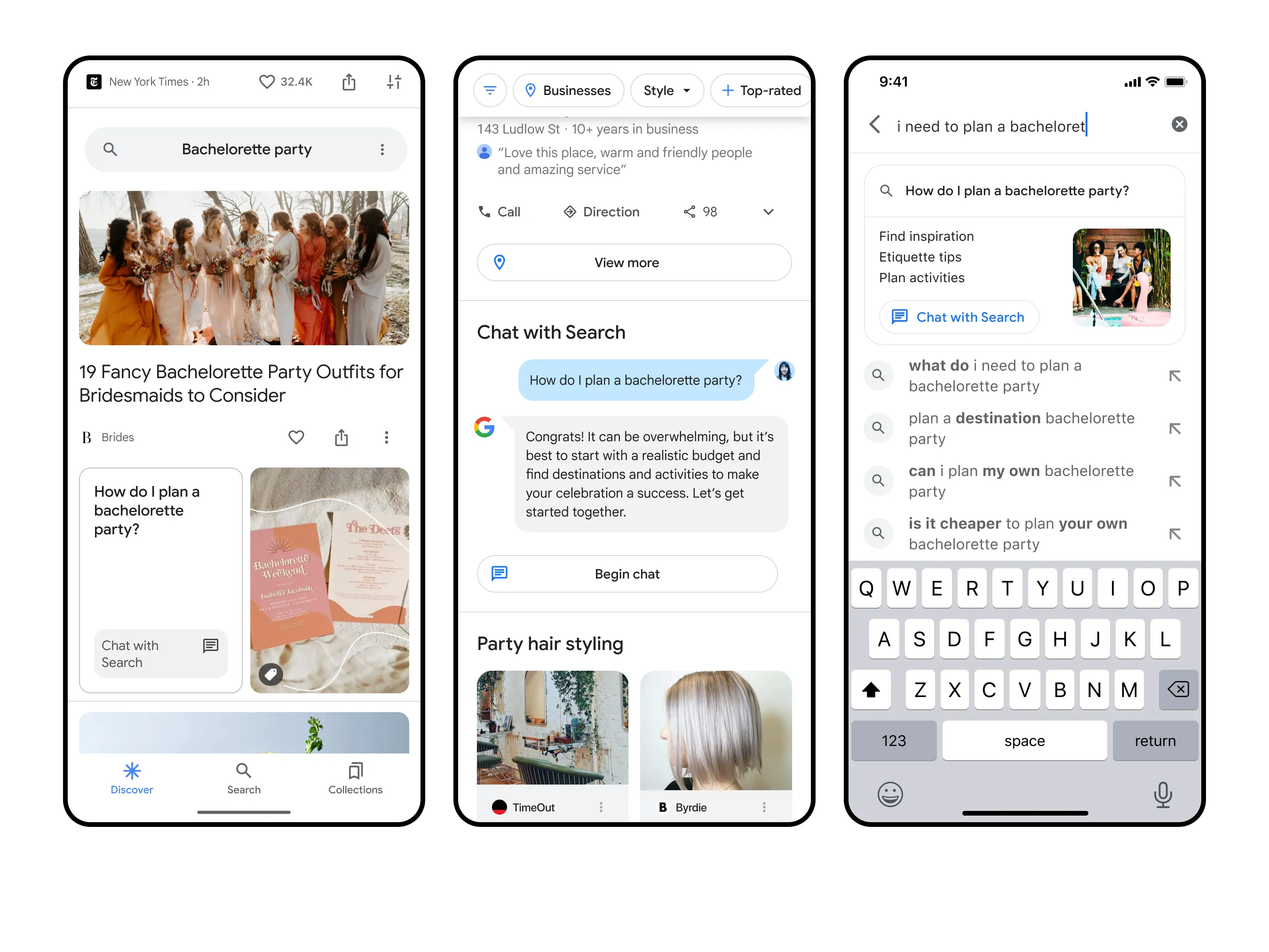 An early Search prototype mockup with a chat-style assistant panel layered over traditional search results.