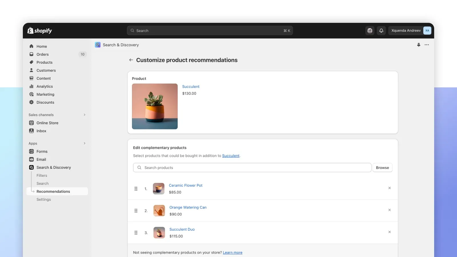The Shopify Admin product recommendations UI, showing manually-added related products alongside AI-suggested complementary items.